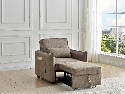 Fauteuil relax beige avec repose-pieds dans salon lumineux, vue extérieure claire, décor élégant, design moderne, parfait pour détente.