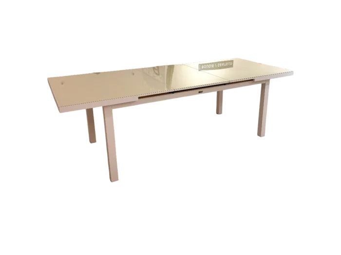 Table repas extensible en aluminium traité époxy blanc avec plateau en verre cappuccino, dimensions L180/240xP100xH75 cm, idéale pour salle à manger moderne.