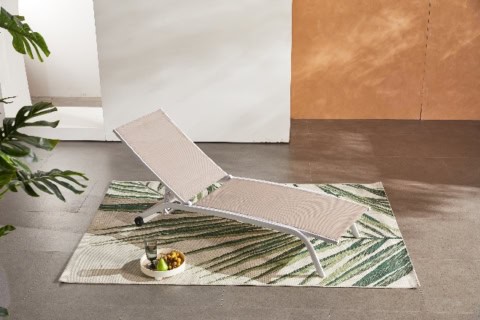 Chaise longue de jardin moderne sur tapis décoratif, idéale pour profiter du soleil et se détendre en plein air lors d’un week-end reposant. Parfait pour une ambiance zen et contemporaine.