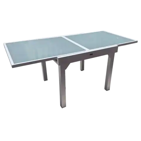 Table repas extensible 90/180x90cm en aluminium blanc avec plateau en verre gris, idéale pour repas conviviaux.