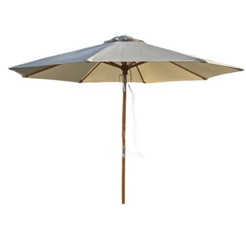 Parasol rond de 3 mètres avec toile beige, idéal pour terrasse ou jardin, doté d’un mât en bois robuste, parfait pour créer un espace ombragé et convivial lors des journées ensoleillées.