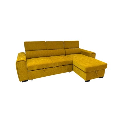 Canapé d'angle droit convertible en tissu moutarde avec coffre, idéal pour salon moderne, offrant confort et rangement pratique.