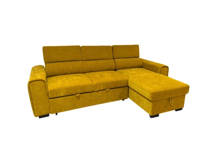 Canapé d'angle droit convertible en tissu moutarde avec coffre, idéal pour salon moderne, offrant confort et rangement pratique.