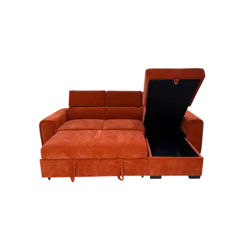 Meuble d'angle Manosque convertible avec coffre en tissu brique, idéal pour optimiser l'espace dans votre salon. Design pratique et moderne, parfait pour un intérieur contemporain.