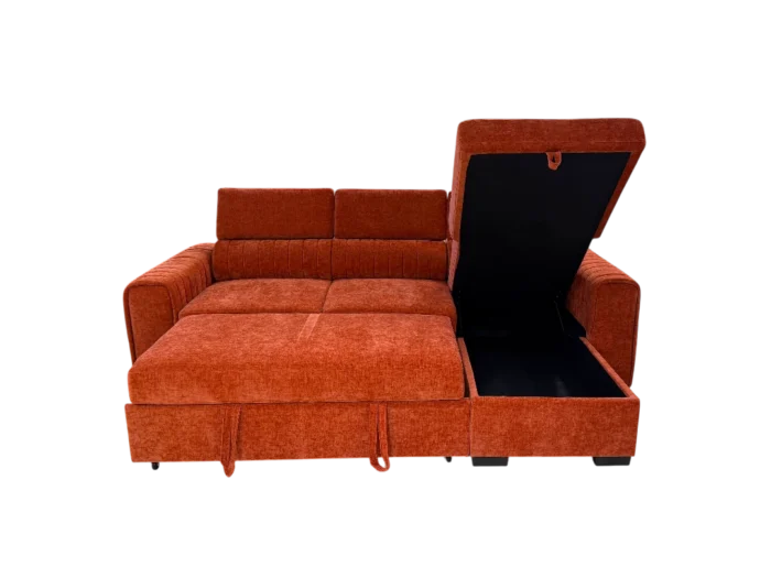 Meuble d'angle Manosque convertible avec coffre en tissu brique, idéal pour optimiser l'espace dans votre salon. Design pratique et moderne, parfait pour un intérieur contemporain.