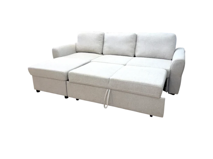Canapé d'angle réversible 4 places convertible avec coffre en tissu beige, idéal pour optimiser l'espace et le confort dans votre salon. Parfait pour accueillir famille et amis avec style.