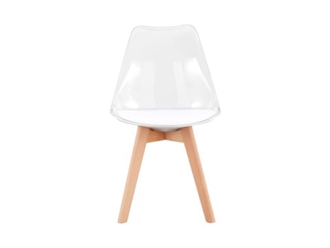 Chaise transparente en style scandinave avec coussin blanc et pieds en bois, idéale pour une décoration moderne et épurée. Parfaite pour salon ou salle à manger.