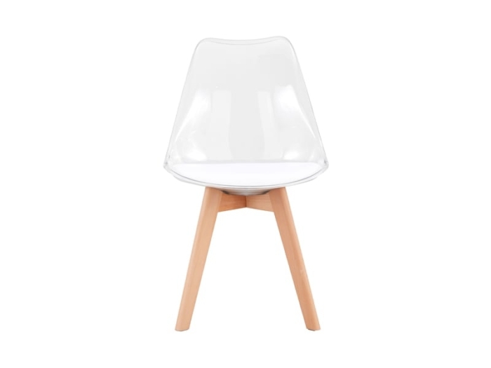 Chaise transparente en style scandinave avec coussin blanc et pieds en bois, idéale pour une décoration moderne et épurée. Parfaite pour salon ou salle à manger.