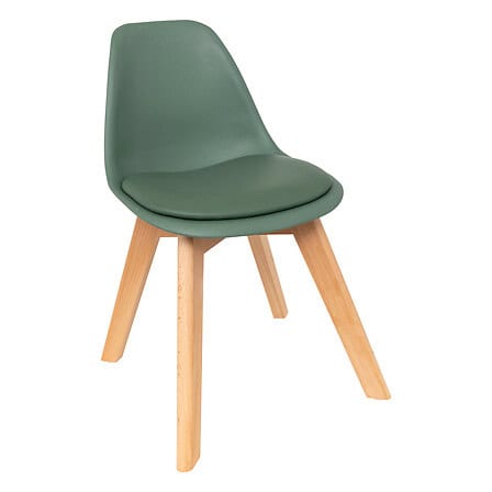 Une chaise moderne avec assise rembourrée en vert foncé et structure en bois clair, parfaite pour une décoration intérieure élégante et confortable.