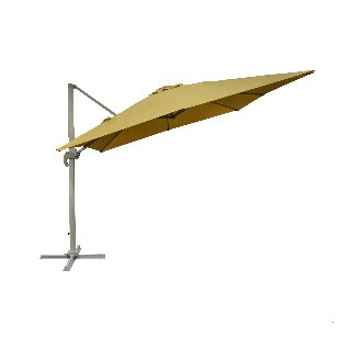 Parasol déporté de 3x3 mètres en jaune, avec mât en aluminium beige, idéal pour l'aménagement de jardin et création d'ombre élégante lors des journées ensoleillées.