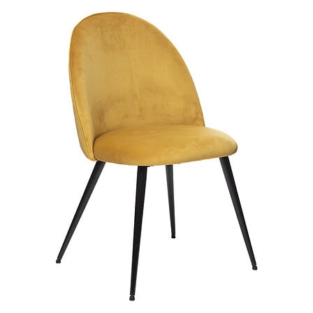 Chaise en velours jaune avec structure en métal noir, idéale pour mobilier intérieur moderne ou vintage, parfait pour ajouter une touche de couleur et de confort à votre espace de vie ou salle à manger.
