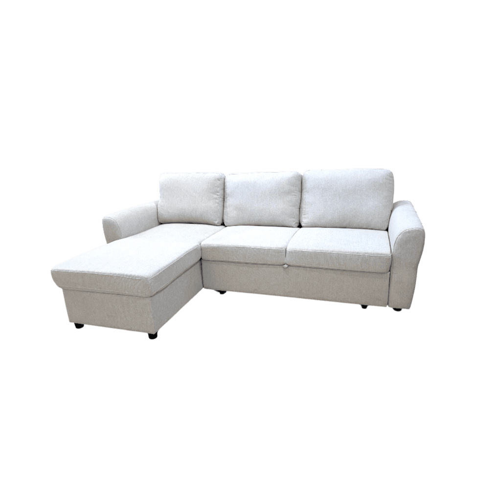 Canapé d'angle réversible 4 places en tissu beige, avec coffre de rangement intégré, idéal pour optimiser l'espace et allier confort et praticité dans votre salon.