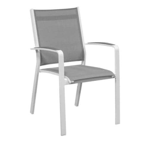 Chaise de jardin en aluminium avec siège et dossier en tissu synthétique gris, idéale pour un mobilier de terrasse élégant et durable. Parfaite pour un week-end détente en extérieur.