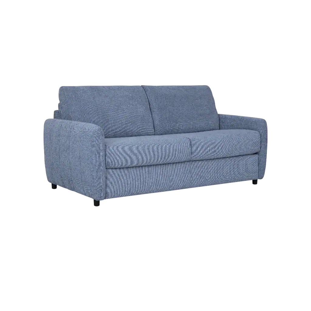 Canapé convertible 3 places en tissu bleu avec matelas intégré, idéal pour un salon moderne et pratique. Facile à transformer en lit pour accueillir vos invités avec confort et style.