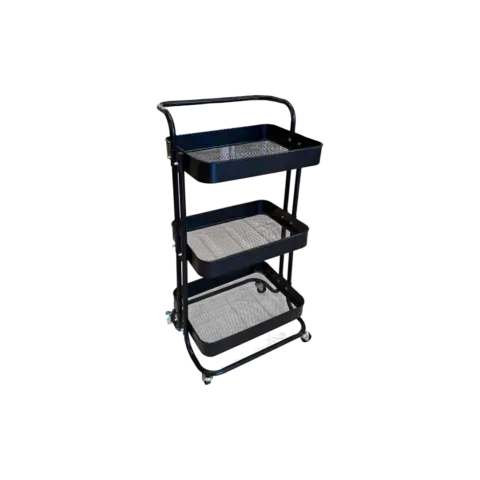 Chariot KOUK Desserte 3 niveaux en métal noir avec roulettes, idéal pour organisation et mobilité dans la cuisine ou le service. Structure robuste et design pratique pour un usage quotidien.