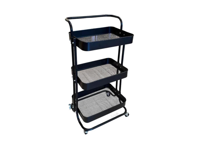Chariot KOUK Desserte 3 niveaux en métal noir avec roulettes, idéal pour organisation et mobilité dans la cuisine ou le service. Structure robuste et design pratique pour un usage quotidien.