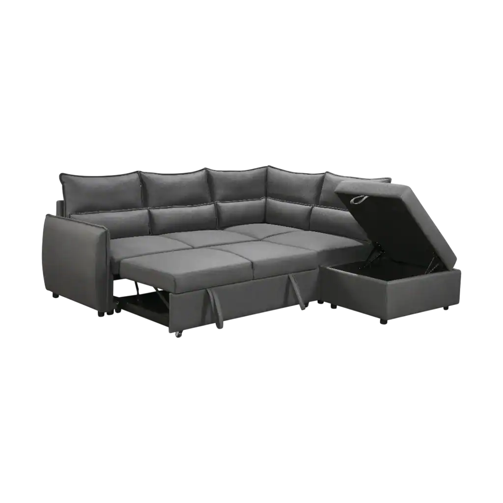 Canapé d'angle droit convertible en tissu gris avec espace de rangement intégré, idéal pour optimiser votre salon. Design moderne et pratique, parfait pour accueillir famille et amis.