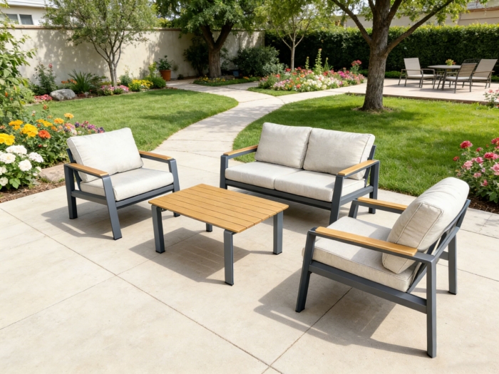 Ensemble de salon de jardin YUCATAN 4 places en aluminium traité époxy anthracite avec coussins beige, conçu pour un confort optimal et une durabilité face aux intempéries. Parfait pour les espaces ex.