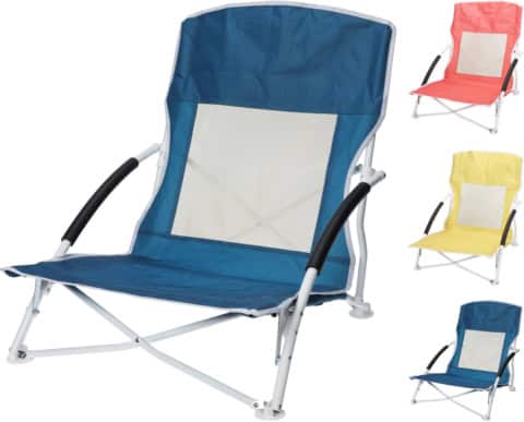 Chaise longue compacte avec assise confortable, parfaite pour vacances, plage ou jardin, en couleurs vives comme bleu, jaune, rouge.