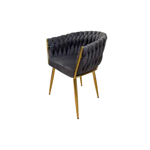 Balcon ou salon, fauteuil en velours gris avec structure en bois doré, design moderne et sophistiqué. Parfait pour ajouter une touche chic à votre intérieur.