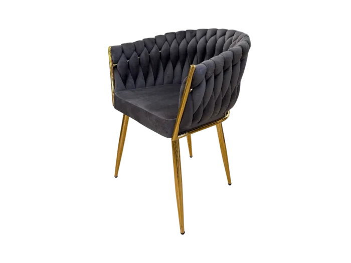 Balcon ou salon, fauteuil en velours gris avec structure en bois doré, design moderne et sophistiqué. Parfait pour ajouter une touche chic à votre intérieur.