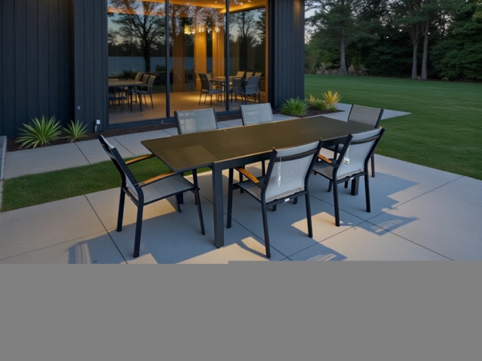 Table repas extensible Josephine 180-240x100 cm en aluminium anthracite pour un espace repas moderne.