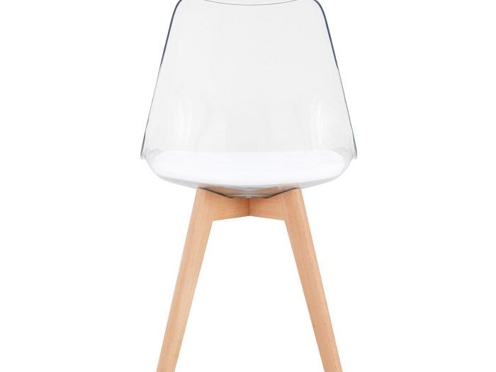 Chaise moderne en acrylique transparent avec coussin blanc et pieds en bois, style scandinave, idéale pour une décoration épurée et élégante.