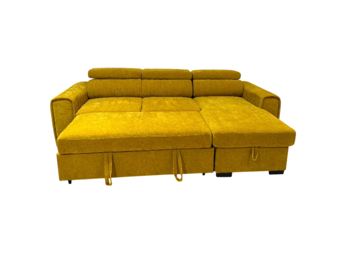 Balcon ou salon : canapé convertible Manosque en tissu moutarde avec coffre intégré, parfait pour optimiser l'espace et ajouter une touche de couleur vive à votre intérieur.