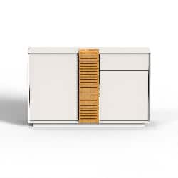 Meuble design blanc avec porte coulissante en bois naturel pour un style moderne et élégant. Parfait pour le rangement de votre salon ou bureau.