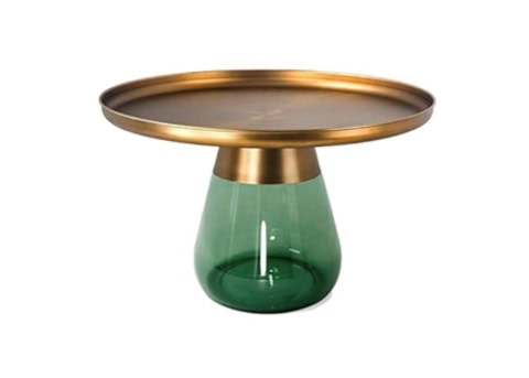 Table basse design en verre vert avec finition dorée pour salon moderne.