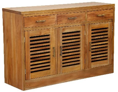 Meuble en bois massif avec tiroirs et portes à lames, idéal pour le rangement et la décoration intérieure contemporaine. Parfait pour ajouter une touche chaleureuse à votre espace de vie.