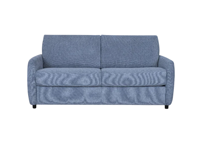 Canapé 3 places convertible en tissu bleu avec matelas intégré, idéal pour un salon moderne et pratique. Facile à transformer en lit pour accueillir vos invités avec confort.