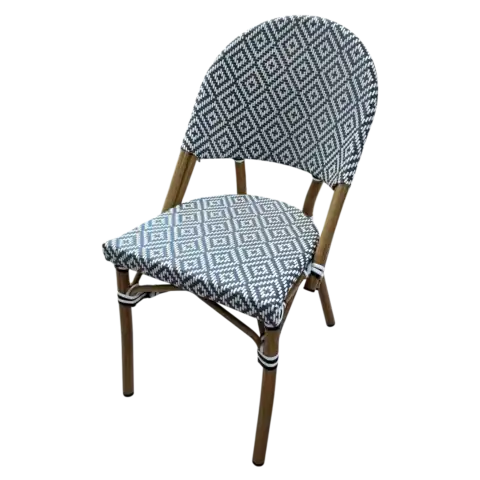Chaise de repas en aluminium avec effet bois, tissu sling blanc et bleu, design moderne et confortable, idéale pour une terrasse ou un espace extérieur élégant.
