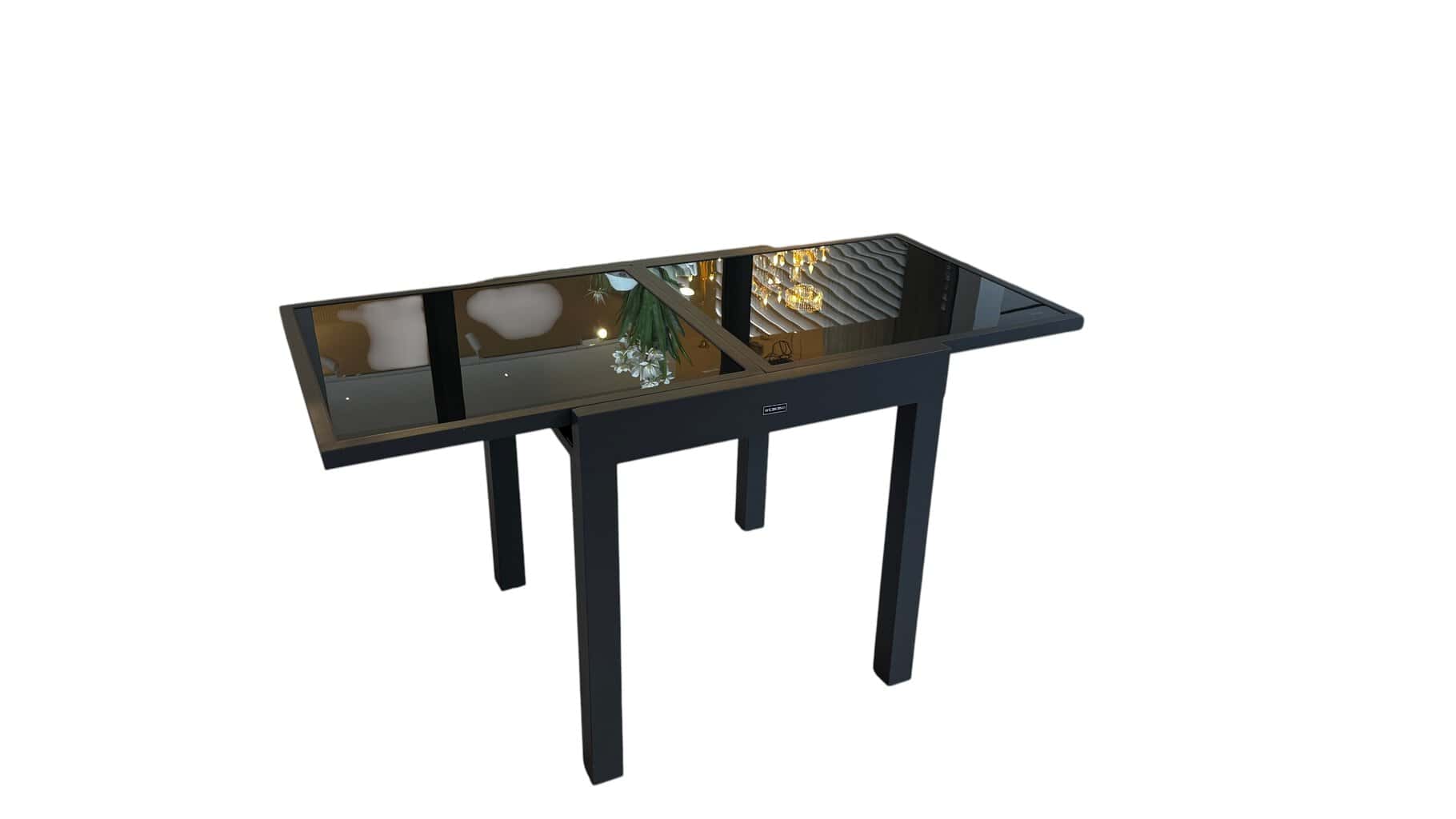 Table extensible EOS 90 en aluminium avec plateau en verre anthracite, idéale pour salle à manger moderne, pouvant accueillir jusqu'à 180 cm.