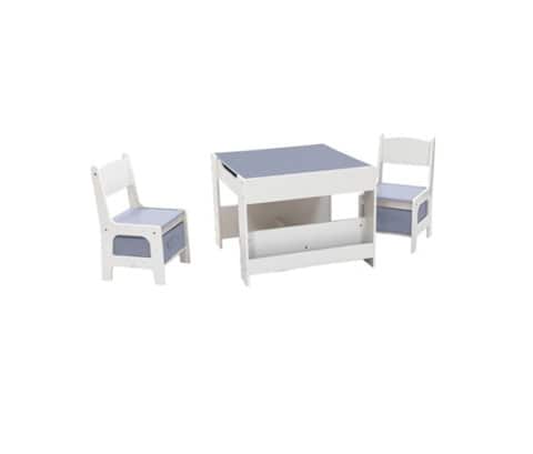 Chaise et table pour enfant en bois blanc avec sièges et table en bleu, idéal pour chambre ou espace de jeux, design élégant et sécurisé pour les petits.
