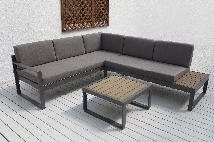 Balcon, terrasse ou jardin : mobilier de jardin en aluminium anthracite avec coussins gris, comprenant un canapé d'angle et une table basse pour un espace extérieur élégant.