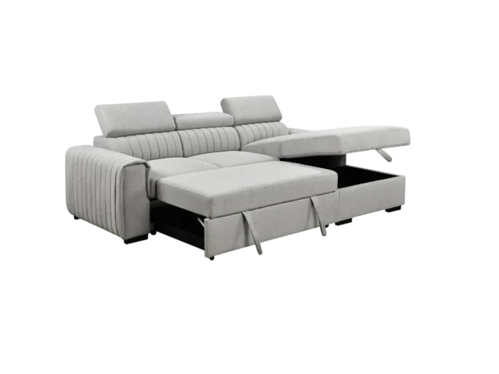 Canapé d'angle droit Manosque convertible en lit avec coffre de rangement en tissu gris, idéal pour optimiser l'espace et allier confort et praticité dans votre salon.