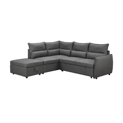 Canapé d'angle gris convertible avec coffre, idéal pour optimiser l'espace et le rangement dans votre salon. Design moderne et confortable, parfait pour accueillir famille et amis.