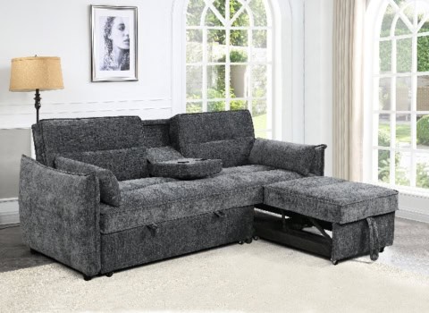 Canapé d'angle gris moderne dans un salon lumineux avec grande baie vitrée, idéal pour un week-end détente à la maison.