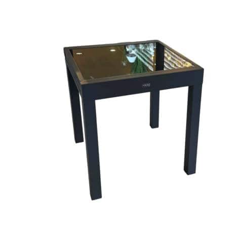 Table extensible EOS en aluminium traité époxy avec plateau en verre anthracite, idéale pour repas conviviaux et modernes.