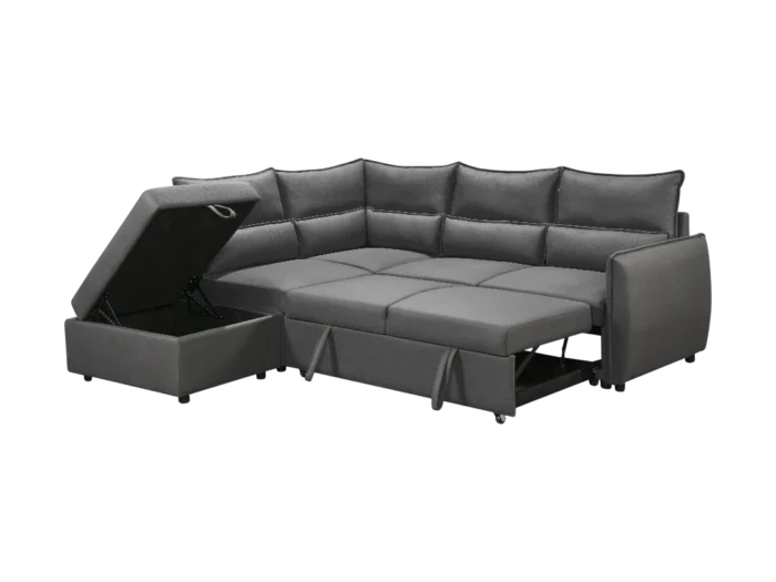 Canapé d'angle gauche convertible en tissu gris avec espace de rangement intégré. Parfait pour optimiser votre salon avec style et praticité.