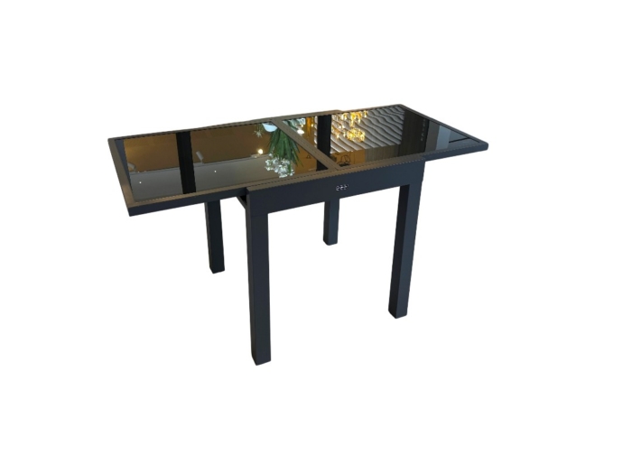 Table repas extensible en aluminium époxy anthracite avec plateau en verre, parfaite pour espaces extérieurs modernes, résistante aux intempéries, facile à entretenir.