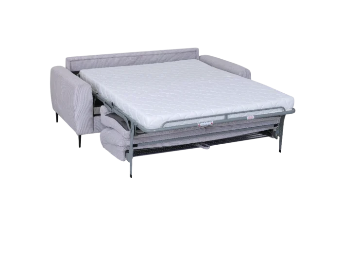 Canapé convertible 3 places gris côtelé avec matelas intégré, idéal pour optimiser l'espace et offrir un confort optimal. Parfait pour un salon moderne ou une chambre d'amis.