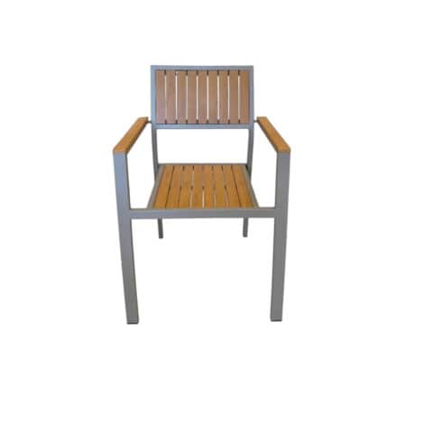 Chaise de repas en bois avec structure en métal, idéale pour la salle à manger ou le jardin, allie style moderne et confort.