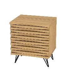 Chiffonnier en bois clair avec lamelles horizontales, style contemporain, pieds en métal noir, parfait pour meubler un salon ou une chambre moderne.