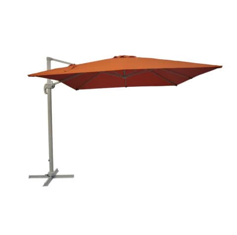 Parasol déporté Terra-cotta 3x3 m avec mât en aluminium beige, idéal pour l'aménagement de jardin. Facile à déployer, il offre une protection solaire efficace tout en apportant une touche élégante à v.