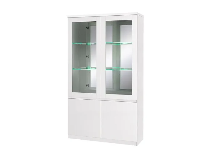 Vitrine moderne avec deux portes vitrées éclairées LED, finition blanc laqué, offrant un espace de rangement pratique en bas. Parfaite pour exposer vos objets précieux dans un style élégant.