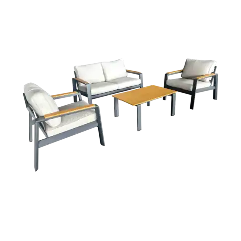 Salon de jardin 4 places en aluminium époxy anthracite, polywood bois, avec coussins beige, idéal pour un espace extérieur élégant et durable. Parfait pour profiter du soleil en famille ou entre amis.