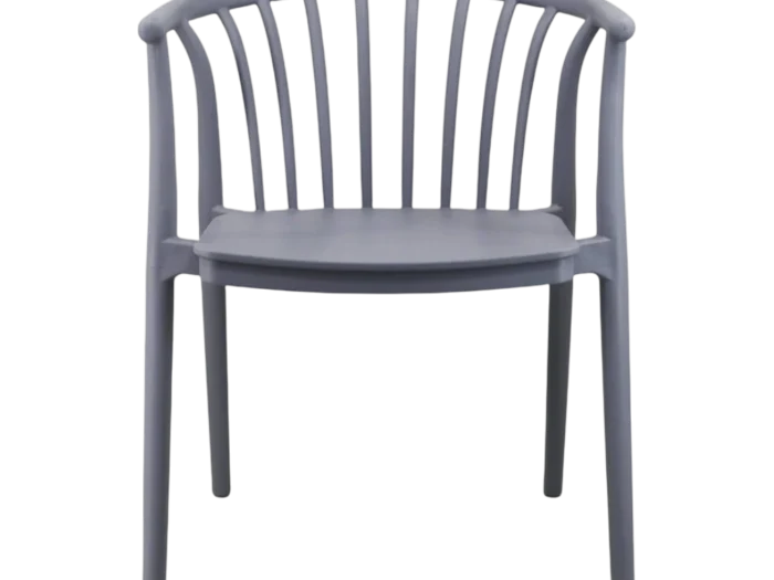 Balcon ou salon : fauteuil en polypropylène gris clair avec dossier à barreaux, idéal pour un espace intérieur ou extérieur moderne et élégant.