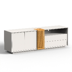 Mueble TV blanc laqué avec rangements, bande décor bois, design moderne, idéal pour salon contemporain, espace de rangement pratique, élégance et fonctionnalité.